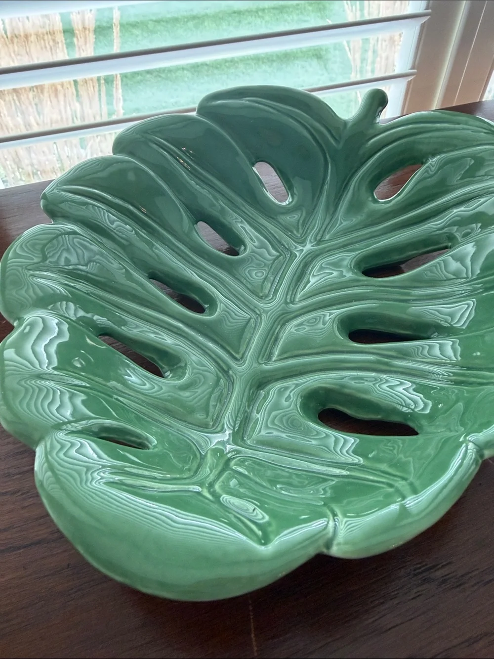 Vintage Pier 1 Palm Leaf Green Porcelain Serving Bowl